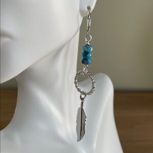 HAND CRAFTED CERAMIC TURQUOISE EARRINGS with Silver Plated Feathers